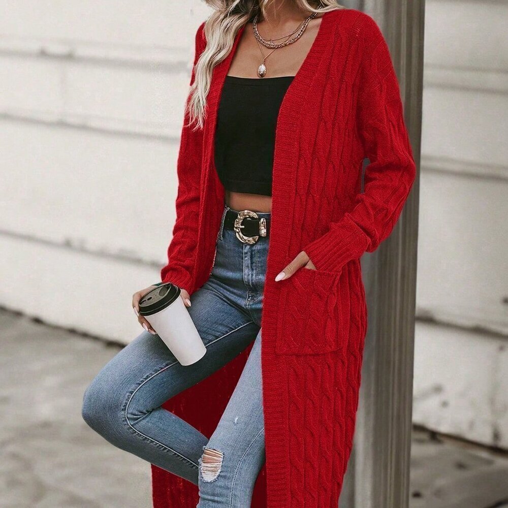 Red Casual Women's Long Cardigan